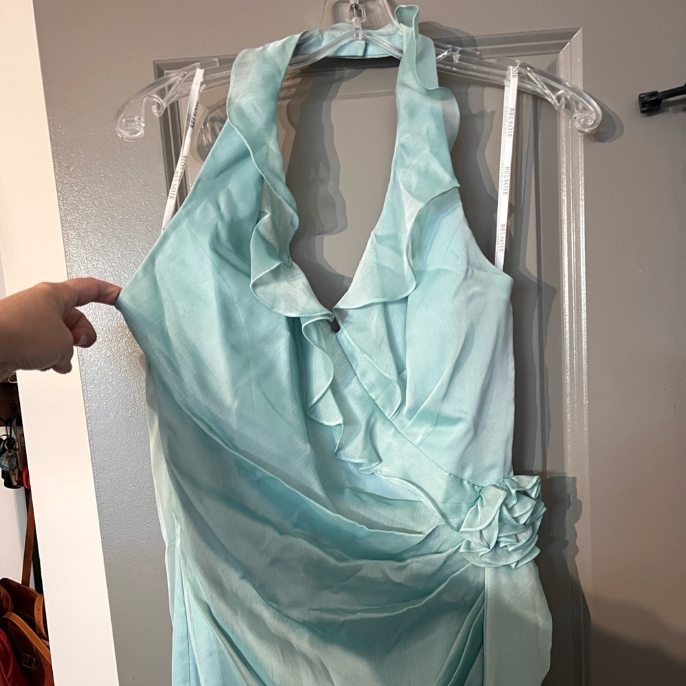 Belsoie Light Blue Ruffled Halter Bridesmaid Dress Sinched Waist with Low Back